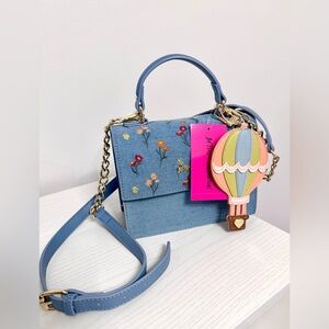 Betsey Johnson Floral Embroidered Denim Handbag Bag with Strap and Charm